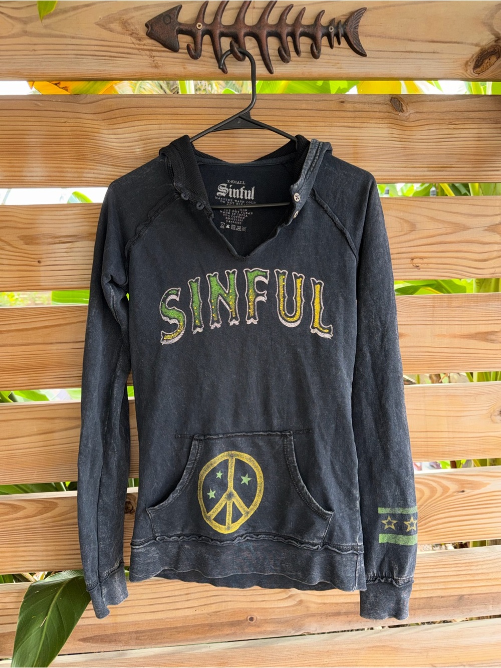 Sinful Y2K' Black Graphic Hoodie Top - Peace Sign Detail